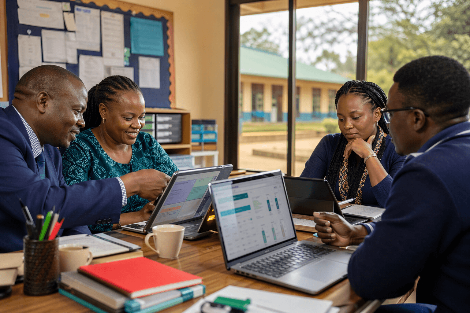 Kenyan school staff coordinating digital operations